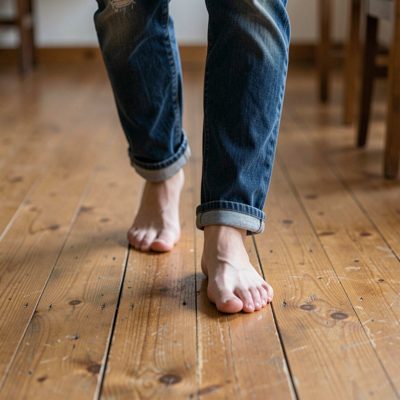 a barefoot walk across a wooden floor