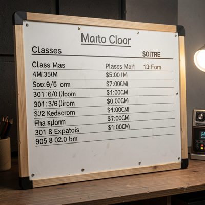 a studio noticeboard with class times