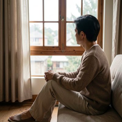 a person seated in stillness facing a window