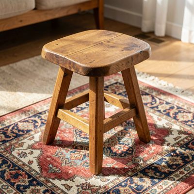 a wooden meditation stool on a rug